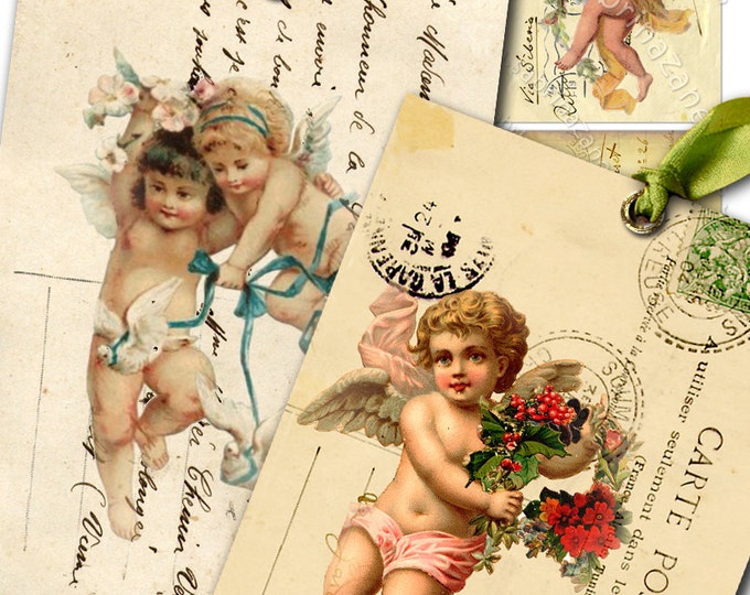 GREETING AND KISSES atc aceo size  printable hang tags cherubs Digital collage sheet instant backround postcard ephemera graphic ac151