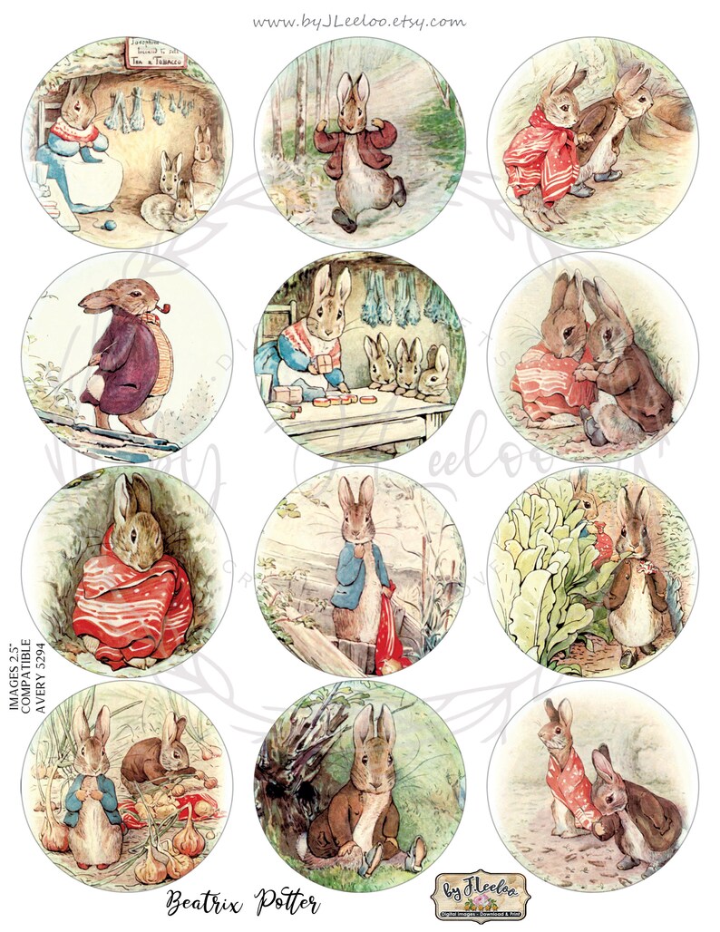 Puede incluir: Doce pegatinas redondas con ilustraciones de Peter Rabbit del libro infantil de Beatrix Potter. Las pegatinas tienen un di&aacute;metro de 6,35 cm y son compatibles con las etiquetas Avery 5294.
