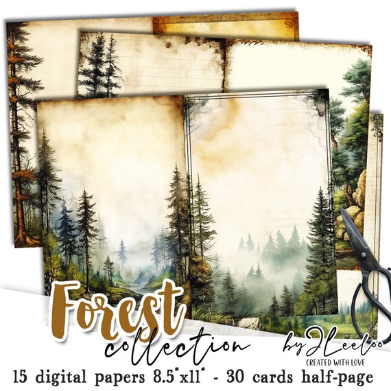 FOREST half pages printable for junk journal | watercolor forest scene | supplies card making woodland collage | vintage stationery | pp622