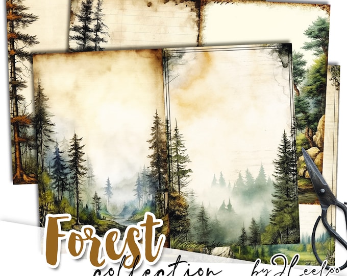 FOREST half pages printable for junk journal | watercolor forest scene | supplies card making woodland collage | vintage stationery | pp622