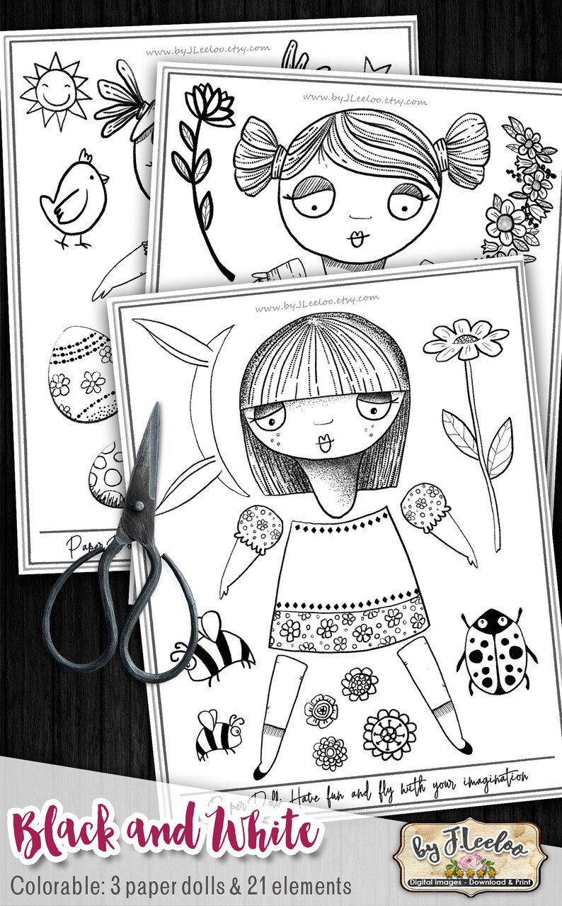 BLACK and WHITE Paper Dolls Coloring Articulated Altered Art | Etsy