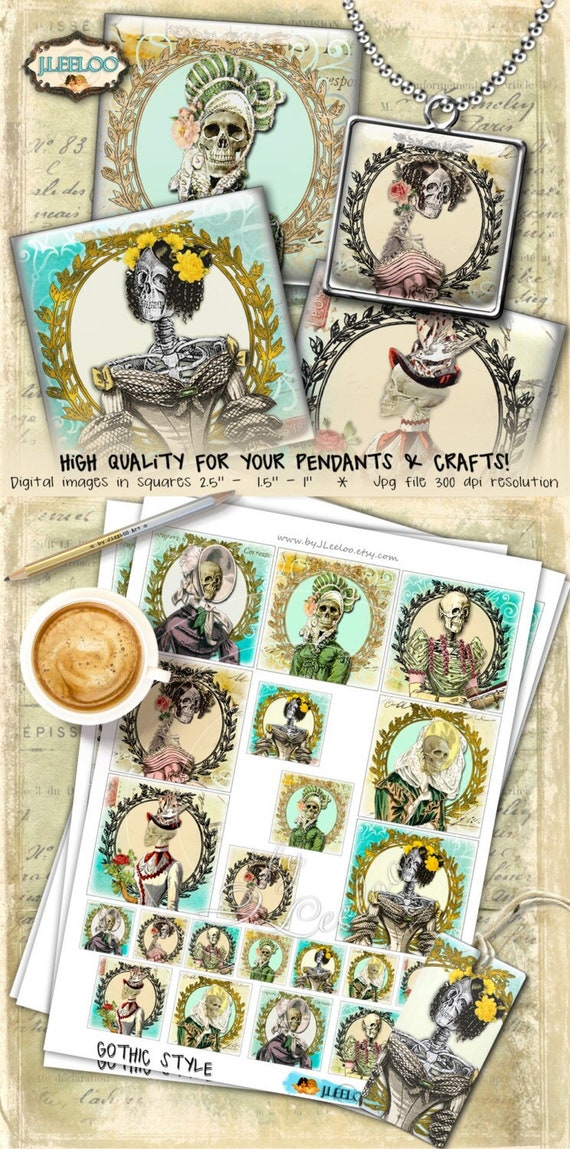 GOTHIC STYLE digital collage sheet 2.5 1.5 1 inch square skulls for scary regency austen halloween pendant magnet gift tag qu464
