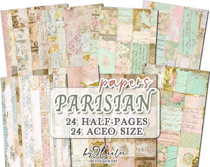 PARISIAN PAPERS half pages printable | French Collage junk journal Mixed Media supplies | Shabby chic papers card making DIY diary | pp716