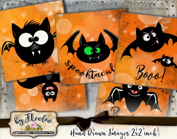 HALLOWEEN BATS 2 inch square hand drawn for party magnets scrapbook pendants Digital collage for instant download  qu518