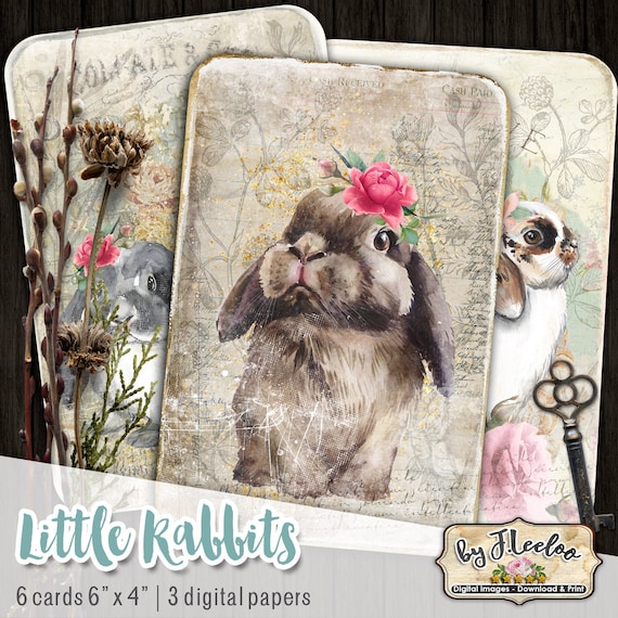 LITTLE RABBITS printable bunnies cards 6 x 4 inch digital sheet ephemera vintage scrapbook instant download pp522