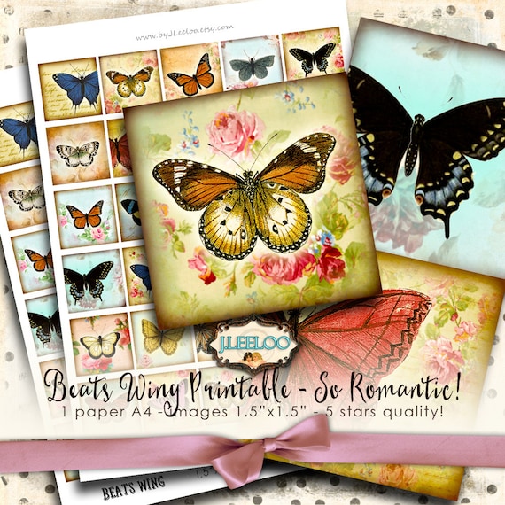 BEATS WING square 1.5 butterfly for pendant bezel tray magnet and scrap craft instant download printable digital collage french qu253
