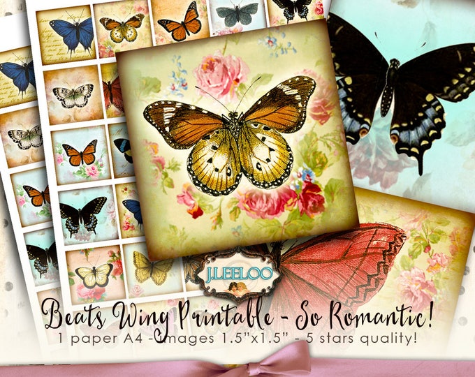 BEATS WING square 1.5 butterfly for pendant bezel tray magnet and scrap craft instant download printable digital collage french qu253