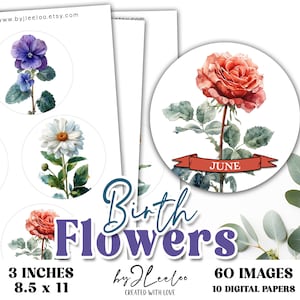 Fleurs de naissance cercle imprimable 3 pouces | Sticker pour collier avec pendentif rond fleur du mois de naissance | Téléchargement numérique | tn819