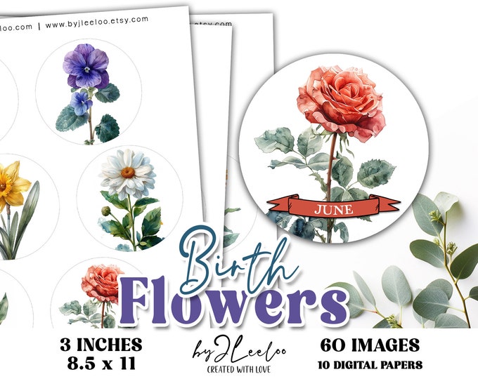 BIRTH FLOWERS 3 inch printable circle | Birth Month Flower round pendant cabochon necklace sticker | Fussy cut digital download | tn819