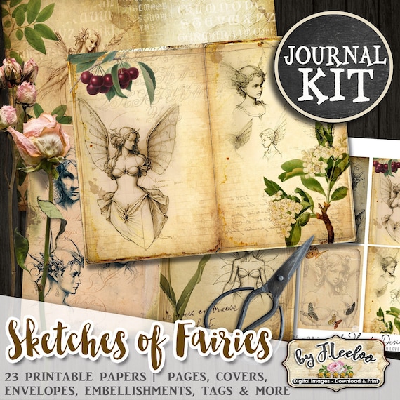 SKETCHES_of_FAIRIES journal kit junk paper diy vintage magic garden vintage cards mistery tag craft paper printable diary pp581