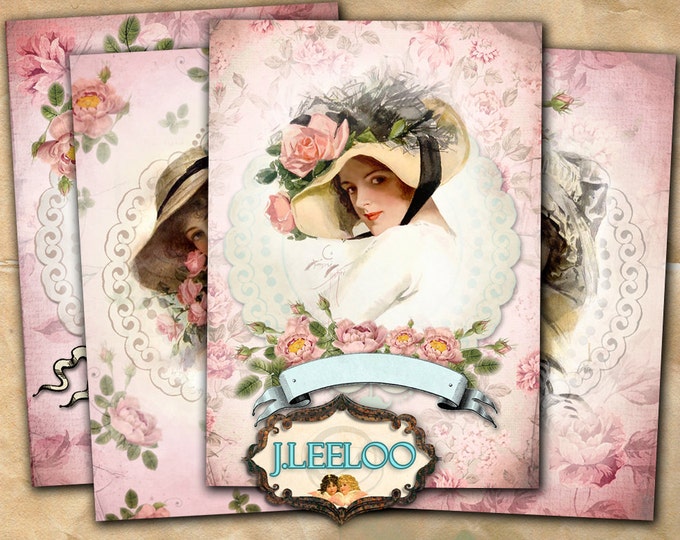 LADY hang tags paper goods old photo aceo size  digital collage sheet instant download printable background vintage ac275
