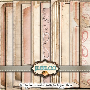 May include: Ten digital paper sheets in a collage style with a distressed, vintage look. The sheets feature various patterns, including pink and white stripes, lined paper, and a pink background with white swirls. The text "J.LEELOO" and "10 digital sheets 12x12 inch jpg files" is visible at the bottom of the image.