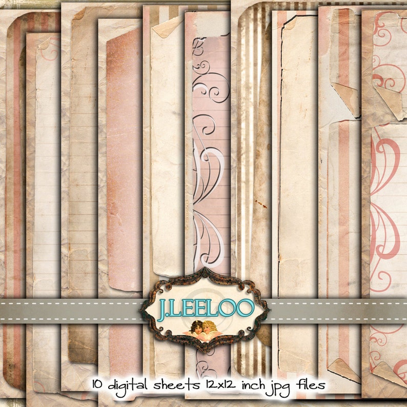 May include: Ten digital paper sheets in a collage style with a distressed, vintage look. The sheets feature various patterns, including pink and white stripes, lined paper, and a pink background with white swirls. The text "J.LEELOO" and "10 digital sheets 12x12 inch jpg files" is visible at the bottom of the image.