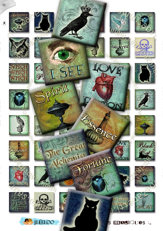 Digital collage TERRES MAGIQUES square 1x1 inch digital for pendants spooky halloween gothic instant download printable tn213
