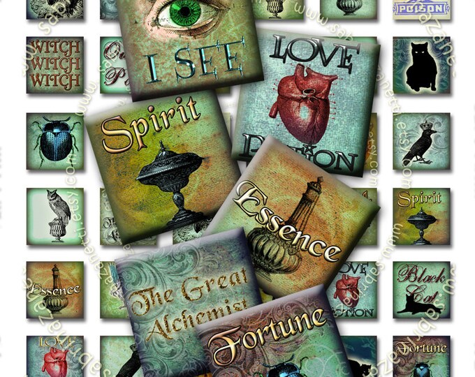 Digital collage TERRES MAGIQUES square 1x1 inch digital for pendants spooky halloween gothic instant download printable tn213