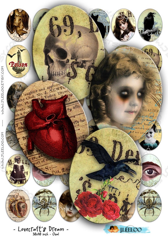 Digital collage LOVECRAFT DREAM 30x40mm oval for spooky scary halloween bat skull raven pendant and craft instant download printable ov109