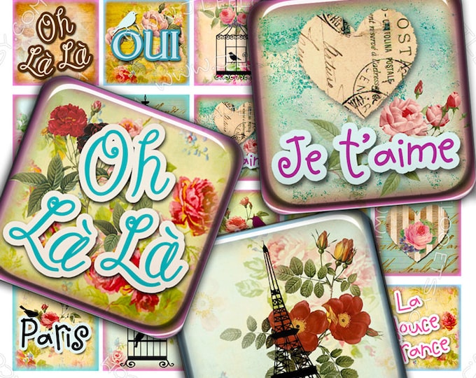 Digital printable sheet BONJOUR 1.5 inch square digital - france eiffel bird cage - pendant magnet hang tags craft instant download - qu340