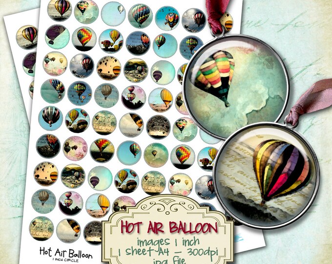 HOT AIR BALLOON Printable digital images for 1" round pendants, bezel trays, glass cabochon mountings, cameo settings download tn214