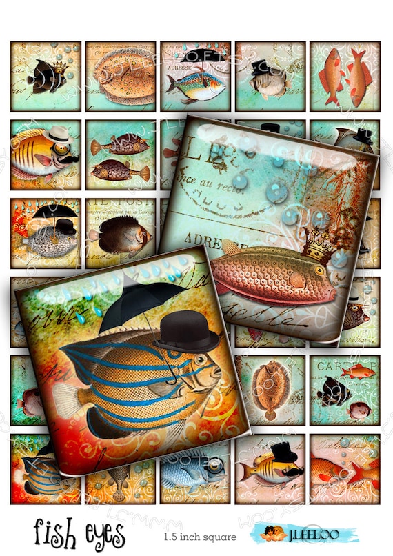 Digital download FISH EYES 1.5 inch square fantasy top hat hang tags sticker jewelry holder mirror instant download printable qu363