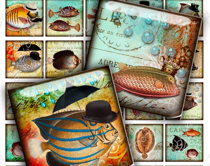 Digital download FISH EYES 1.5 inch square fantasy top hat hang tags sticker jewelry holder mirror instant download printable qu363