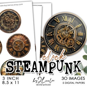 Może przedstawiać: Zestaw 30 cyfrowych obrazów z motywem zegarów steampunk. Obrazy mają 7,6 cm i są dostępne w 5 wzorach papieru cyfrowego. Obrazy idealnie nadają się do prac ręcznych, scrapbookingu i projektów graficznych.