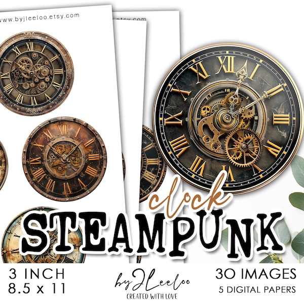 STEAMPUNK CLOCK 3 inch printable | Vintage supplies round pendant sticker mirror | fussy cut decoration junk journal scrapbooking | tn768