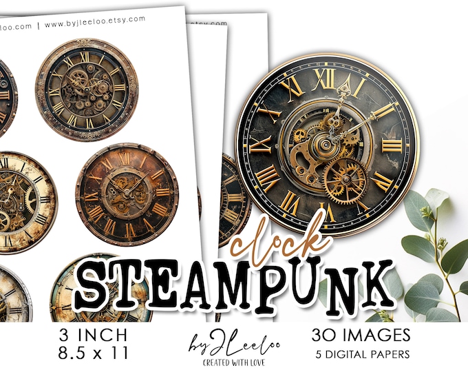 STEAMPUNK CLOCK 3 inch printable | Vintage supplies round pendant sticker mirror | fussy cut decoration junk journal scrapbooking | tn768