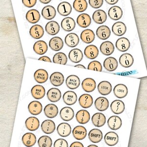 May include: Digital paper set featuring vintage typewriter keys. The keys are arranged on a white background, with a beige and brown color scheme. Includes letters, numbers, and symbols. The text "TYPEWRITER KEYS" is visible.