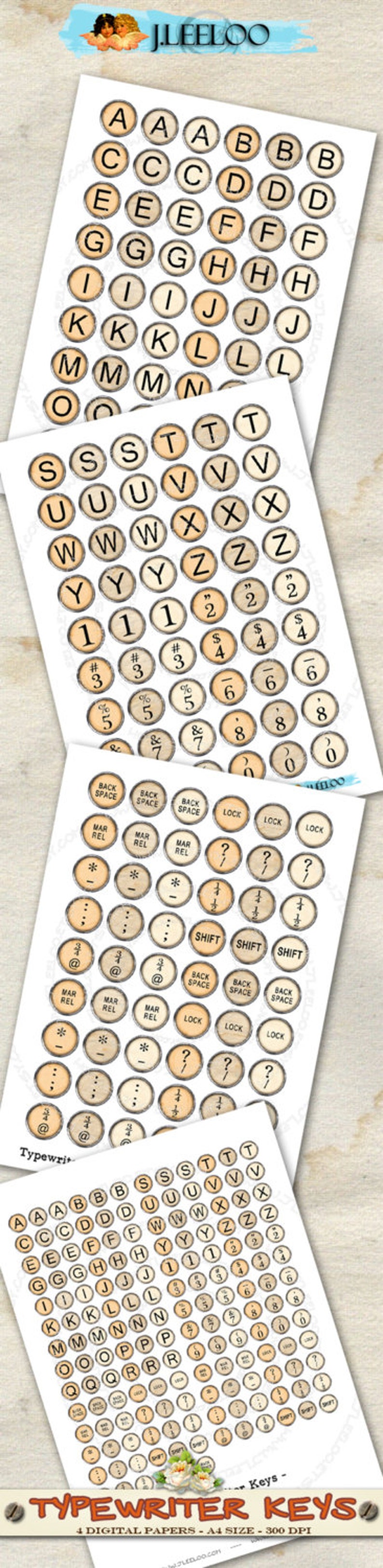 May include: Digital paper set featuring vintage typewriter keys. The keys are arranged on a white background, with a beige and brown color scheme. Includes letters, numbers, and symbols. The text "TYPEWRITER KEYS" is visible.