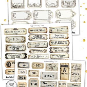 Może przedstawiać: Zestaw 9 cyfrowych papier&oacute;w z etykietami i tagami w stylu vintage paryskim. Papiery mają rozmiar 21,6 cm x 27,9 cm i rozdzielczość 300 dpi. Papiery zawierają r&oacute;żne wzory, w tym tekst, liczby i ilustracje. Papiery idealnie nadają się do scrapbookingu, tworzenia kartek i innych projekt&oacute;w rękodzielniczych.