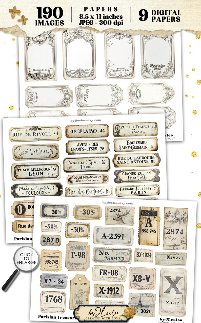 Może przedstawiać: Zestaw 9 cyfrowych papier&oacute;w z etykietami i tagami w stylu vintage paryskim. Papiery mają rozmiar 21,6 cm x 27,9 cm i rozdzielczość 300 dpi. Papiery zawierają r&oacute;żne wzory, w tym tekst, liczby i ilustracje. Papiery idealnie nadają się do scrapbookingu, tworzenia kartek i innych projekt&oacute;w rękodzielniczych.