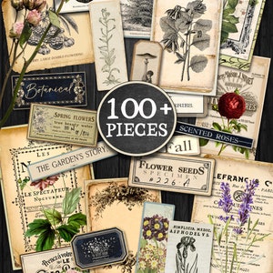 K&ouml;nnte beinhalten: Ein digitales Collage-Kit mit &uuml;ber 100 botanischen Illustrationen und Ephemera-Bildern. Das Kit enth&auml;lt Blumenmuster, Bl&auml;tter und Vintage-Etiketten mit Texten wie "Botanical", "Spring Flowers" und "The Garden's Story".