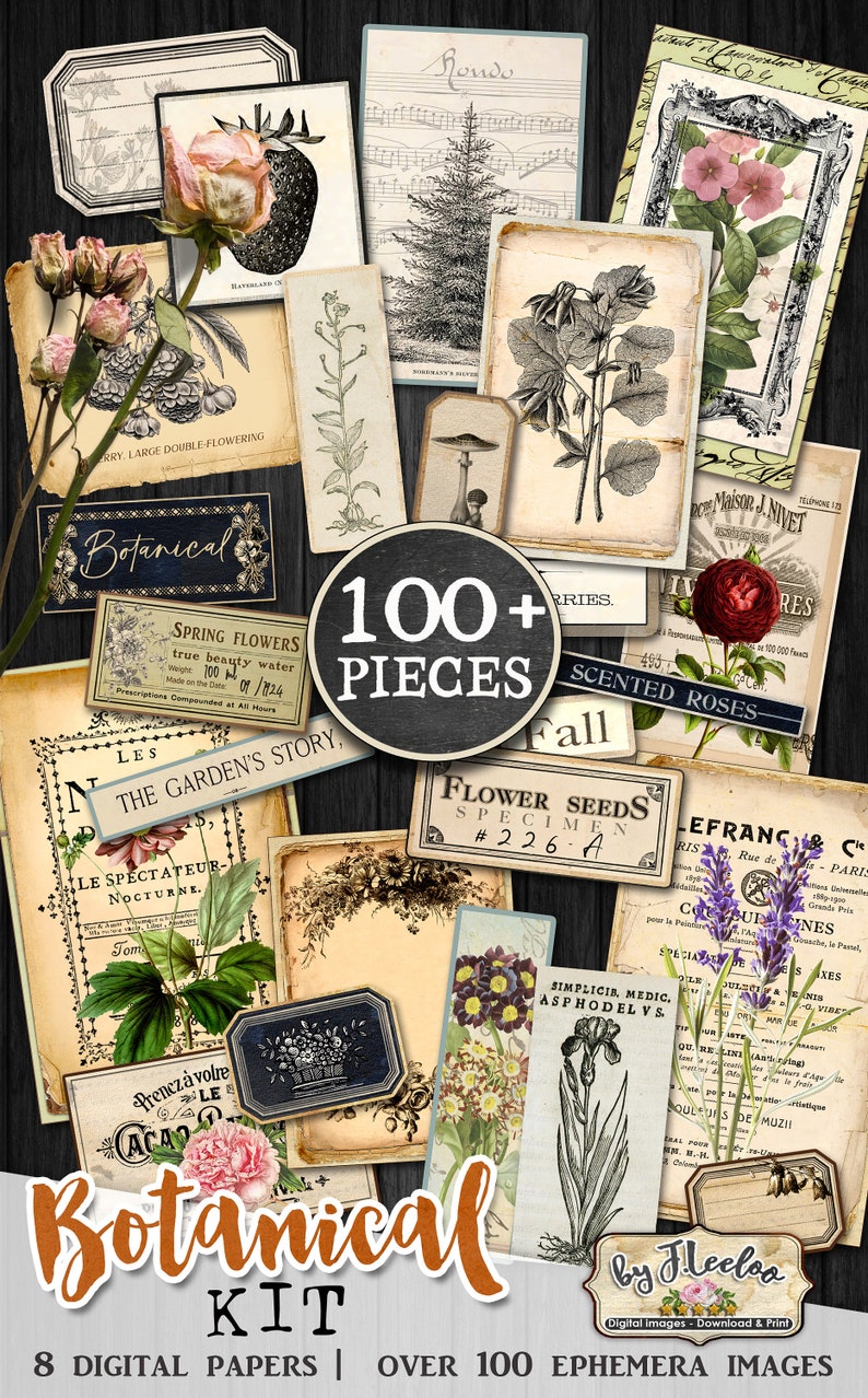 K&ouml;nnte beinhalten: Ein digitales Collage-Kit mit &uuml;ber 100 botanischen Illustrationen und Ephemera-Bildern. Das Kit enth&auml;lt Blumenmuster, Bl&auml;tter und Vintage-Etiketten mit Texten wie "Botanical", "Spring Flowers" und "The Garden's Story".
