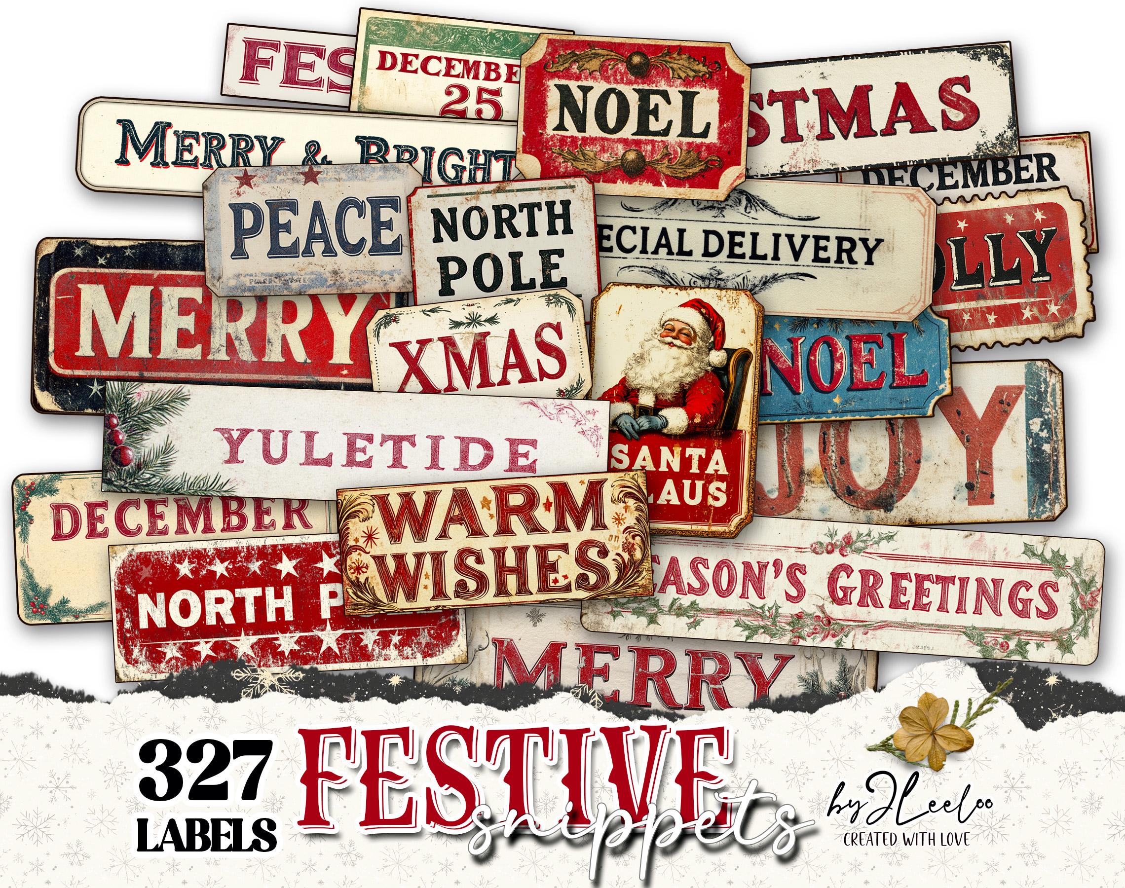 FESTIVE SNIPPETS printable Christmas words | Vintage Labels Antique Stickers Holidays Junk journal | scrapbooking collection art CU | tl306