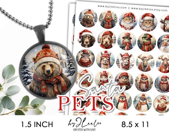 SANTA PETS 1.5 inch printable christmas holidays | supplies round pendants, bezel trays, glass cabochon mountings, cameo settings | tn681