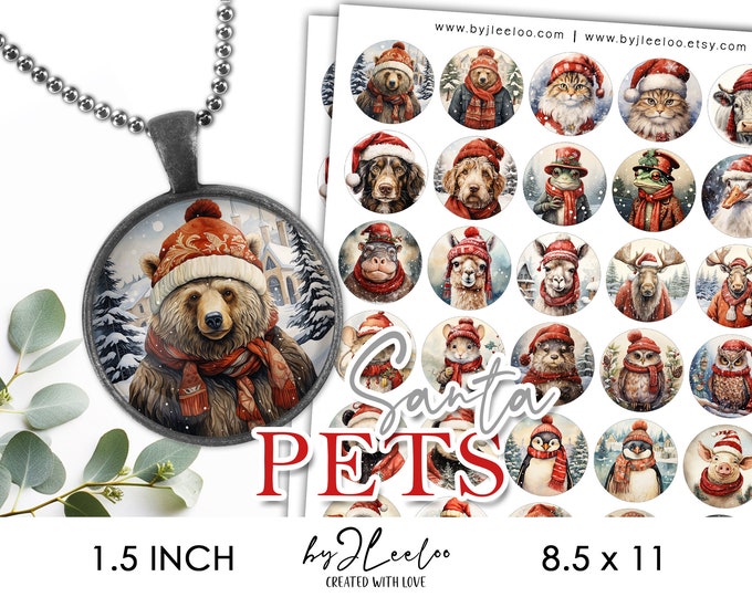 SANTA PETS 1.5 inch printable christmas holidays | supplies round pendants, bezel trays, glass cabochon mountings, cameo settings | tn681