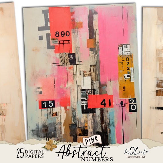 ABSTRACT NUMBERS pink modern background | Paper Junk Journal pages background Distressed grunge card making collage digital ephemera | pp691