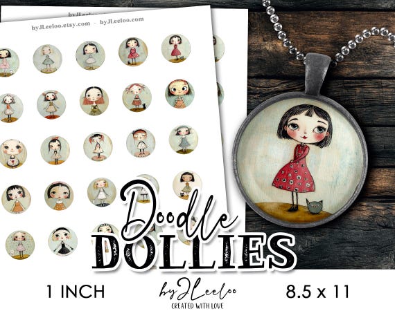 DOODLE DOLLIES 30 whimsical 1 inch round images vintage girls | printable circles for jewelry, crafts, inchies & journalsMixed media | tn844
