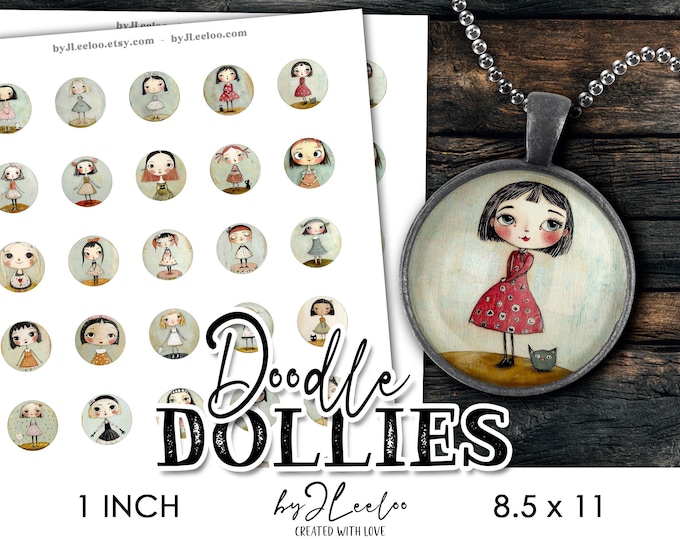 DOODLE DOLLIES 30 whimsical 1 inch round images vintage girls | printable circles for jewelry, crafts, inchies & journalsMixed media | tn844