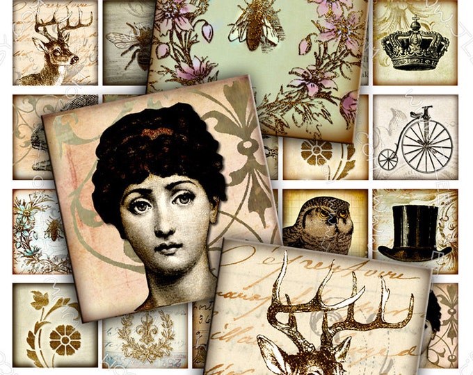 Digital download VINTAGE 1.5 inch square  steampunk top hat hang tags sticker jewelry holder mirror instant download printable qu338