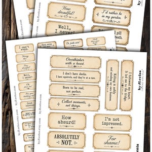 May include: A collection of printable paper labels featuring vintage-style rectangular borders and various phrases including I can't even, Mercy me, How dreadful, Well I never, Overthinker with a heart, I don't have ducks, and No thanks.