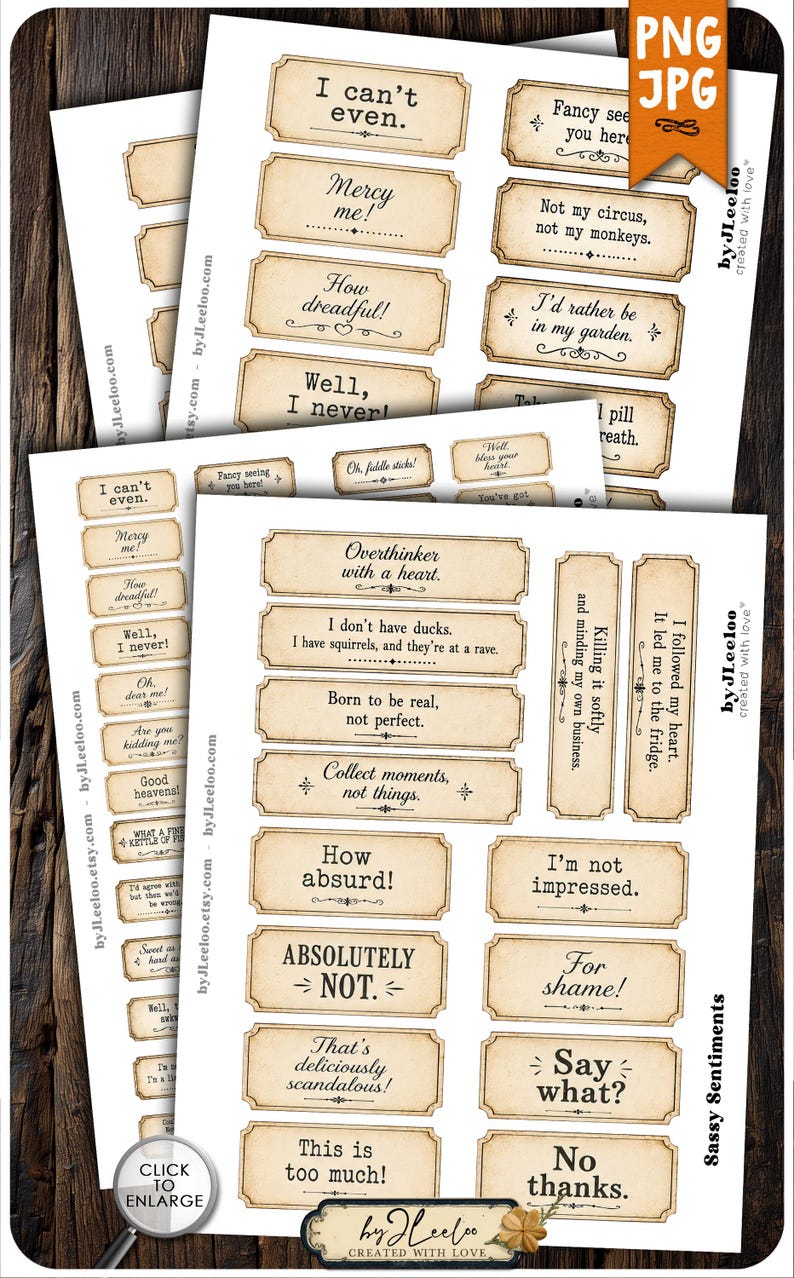 May include: A collection of printable paper labels featuring vintage-style rectangular borders and various phrases including I can't even, Mercy me, How dreadful, Well I never, Overthinker with a heart, I don't have ducks, and No thanks.