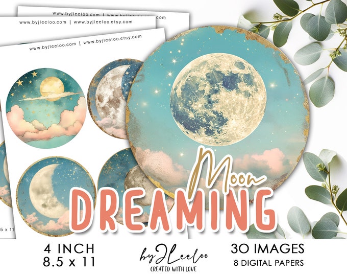 DREAMING MOON 4 inch circle printable | supplies for coaster decoration mirror magnet and craft instant download diy | Circle Labels | tn733