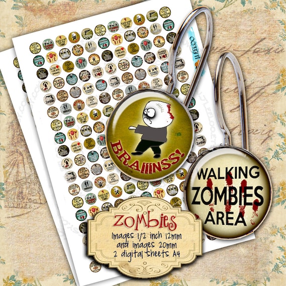 Digital collage sheet ZOMBIES 20mm 12mm circle sheets earring ring size zombies quote digital images jewelry instant download tn271