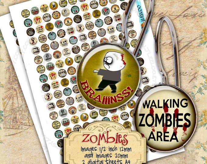 Digital collage sheet ZOMBIES 20mm 12mm circle sheets earring ring size zombies quote digital images jewelry instant download tn271
