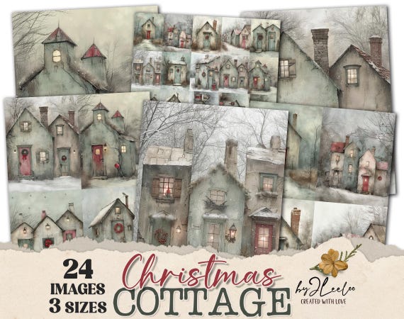 CHRISTMAS COTTAGE 3 Sizes | Vintage home decoration rustic background | Junk Journal backdrop poster label gift tag | Commercial Use | pp872