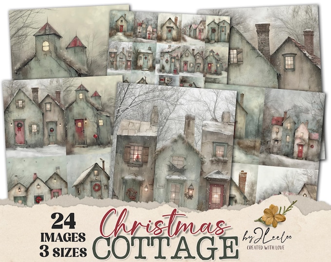 CHRISTMAS COTTAGE 3 Sizes | Vintage home decoration rustic background | Junk Journal backdrop poster label gift tag | Commercial Use | pp872