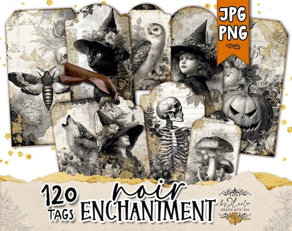 NOIR ENCHANTMENT Gothic Vintage Tags – 40 Dark Floral Halloween Labels in 3 Sizes | Black Gold Printable Ephemera for Junk Journals | tl355