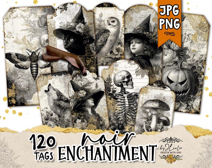 NOIR ENCHANTMENT Gothic Vintage Tags – 40 Dark Floral Halloween Labels in 3 Sizes | Black Gold Printable Ephemera for Junk Journals | tl355