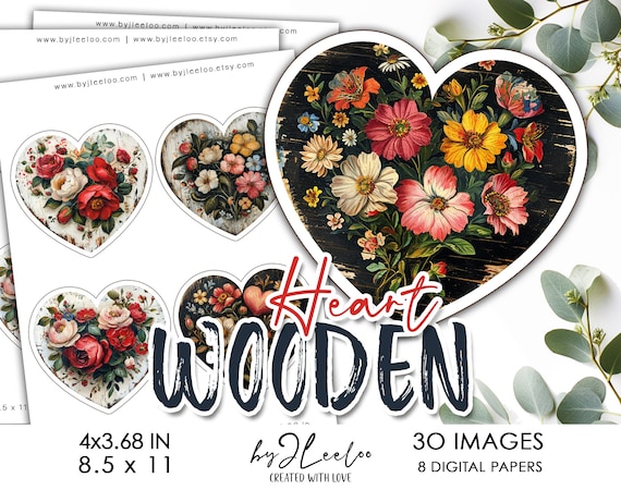 WOODEN HEART 4x3.68 in printable | Folk round supplies for coaster decoration mirror magnet and craft instant download diy | Labels | tn763
